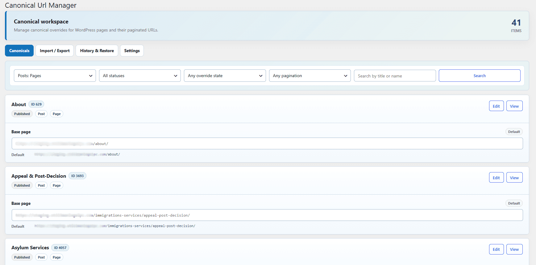 Canonical URL Manager Canonicals tab listing pages and posts with their canonical URLs